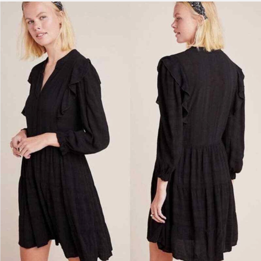 M1 AMADI Anthropologie‎ Rossi Ruffled Tunic Dress Black